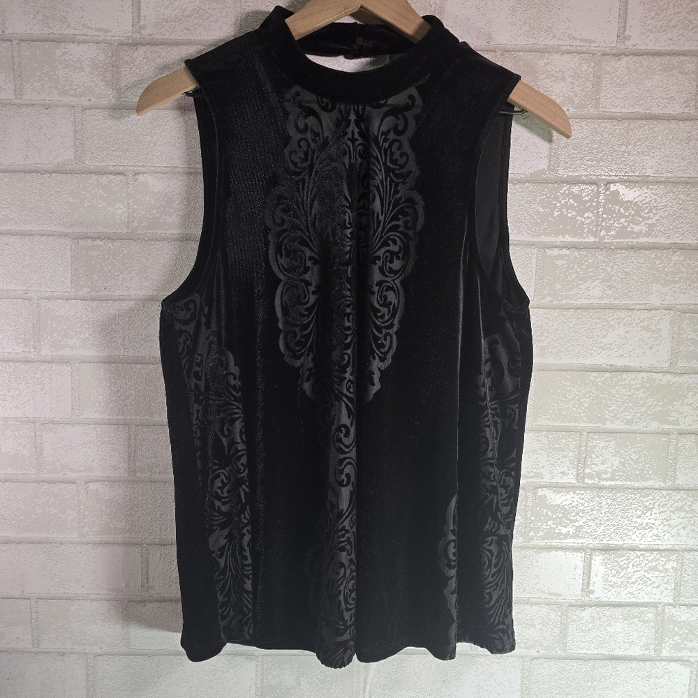 Gypsies And Moondust Black Velvet Tank Blouse w/ Ornate Damask Design Party L